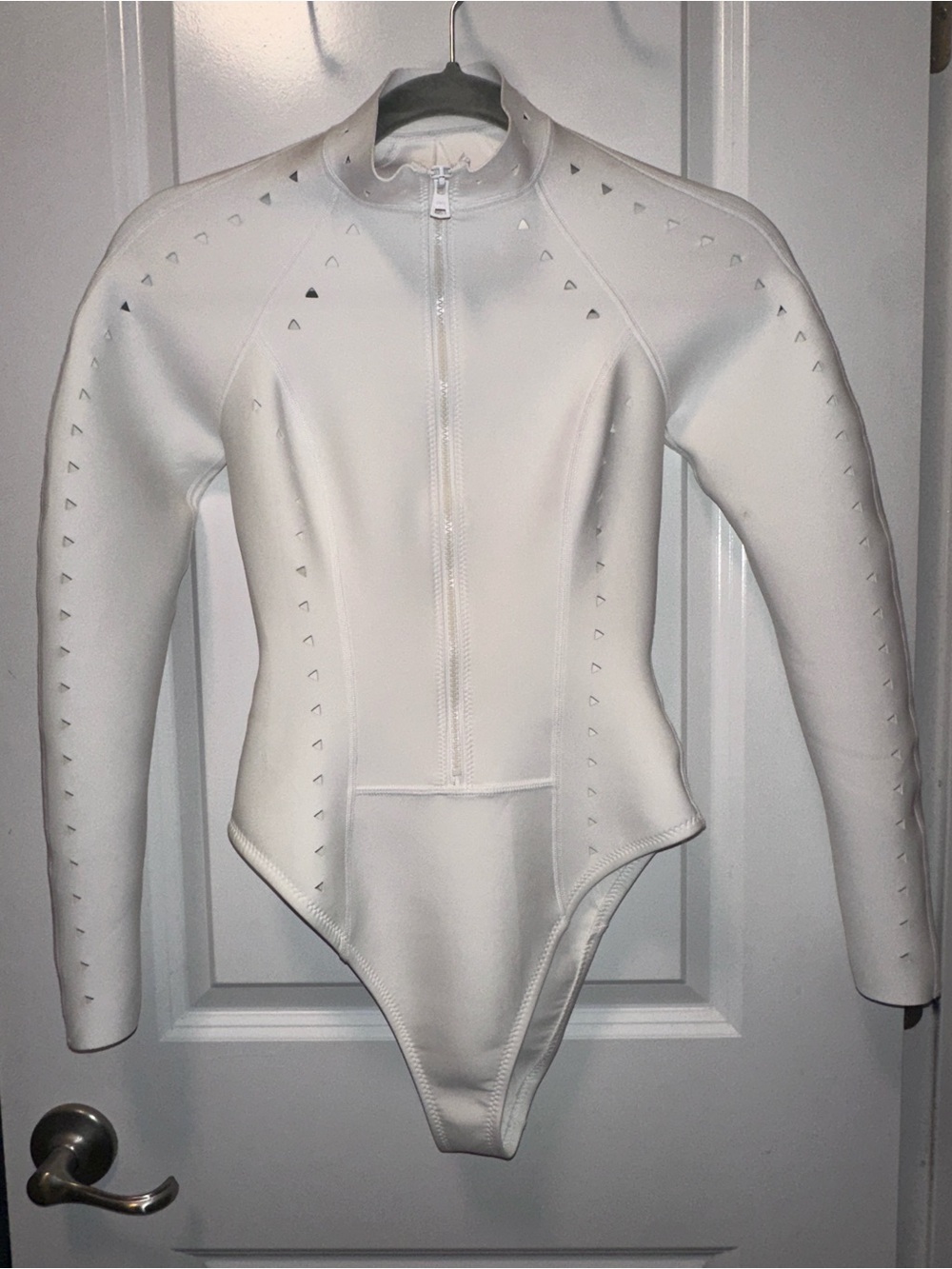 GIGI C White Long-Sleeve Zip Front One-Piece with Triangle Cutouts